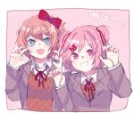  :d absurdres blue_eyes bow brown_hair claw_pose commentary doki_doki_literature_club hair_bow hair_ornament hair_ribbon hairclip highres looking_at_viewer multiple_girls natsuki_(doki_doki_literature_club) open_mouth pink_eyes pink_hair red_bow red_ribbon ribbon sayori_(doki_doki_literature_club) school_uniform senri_chu short_hair simple_background sketch smile teeth twitter_username two_side_up upper_body 