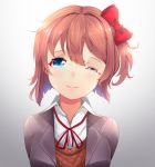  ;) blue_eyes blush bow brown_hair commentary commission doki_doki_literature_club english_commentary gradient gradient_background hair_between_eyes hair_bow happy_tears head_tilt looking_at_viewer one_eye_closed one_side_up red_bow sayori_(doki_doki_literature_club) school_uniform short_hair simple_background smile solo tears tsukimaru upper_body 