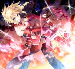  asymmetrical_legwear black_legwear blonde_hair bra breasts choker cleavage detached_sleeves dutch_angle fate/apocrypha fate_(series) floating_hair green_eyes grin highres holding holding_sword holding_weapon long_hair looking_at_viewer medium_breasts midriff mordred_(fate) mordred_(fate)_(all) navel noes ponytail red_bra red_skirt skirt smile solo standing stomach strapless strapless_bra sword thighhighs underboob underwear weapon 