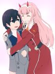  1girl bangs black_hair blue_eyes breasts closed_eyes commentary_request couple darling_in_the_franxx dress ecliygame eyebrows_visible_through_hair fang hair_ornament hairband hand_on_another's_arm hand_on_another's_shoulder hetero hiro_(darling_in_the_franxx) horns hug long_hair long_sleeves looking_at_another medium_breasts military military_uniform necktie oni_horns orange_neckwear pink_hair red_dress red_horns red_neckwear uniform white_hairband zero_two_(darling_in_the_franxx) 