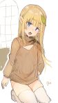  blonde_hair blue_eyes brown_sweater commentary_request copyright_request elf flat_chest hand_on_hip head_tilt highres hiranko kneeling leaf leaf_on_head long_hair long_sleeves looking_at_viewer meme_attire open-chest_sweater open_mouth pointy_ears ribbed_sweater signature sketch skindentation solo sweater thighhighs white_legwear 