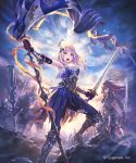  armored_boots armpits banner black_pants blue_eyes blue_pants boots breasts cloud cloudy_sky day floating_hair gloves granblue_fantasy hair_ornament highres hisakata_souji holding holding_sword holding_weapon jeanne_d'arc_(granblue_fantasy) knee_boots left-handed long_hair looking_at_viewer medium_breasts multiple_girls official_art outdoors pants red_gloves red_hair shadowverse shingeki_no_bahamut silver_hair sky solo_focus standing sword torn_clothes torn_pants weapon 