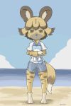  african_wild_dog african_wild_dog_(kemono_friends) anthro bangs beach canine clothed clothing cloud duo eyebrows female fully_clothed fur hair harunatuakifuyu kemono_friends looking_at_viewer lucky_beast mammal sea seaside shirt short_hair short_sleeves shorts standing water yellow_eyes 