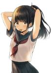  arms_up bangs black_hair black_sailor_collar black_skirt blush brown_eyes commentary_request eyebrows_visible_through_hair hair_tie hair_tie_in_mouth high_ponytail long_hair looking_at_viewer midorikawa_you mouth_hold neckerchief original pleated_skirt ponytail red_neckwear sailor_collar school_uniform serafuku shirt short_sleeves sidelocks simple_background skirt solo tying_hair white_background white_shirt 