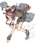  ahoge black_gloves black_skirt black_vest blush brown_hair cannon closed_mouth commentary_request fingerless_gloves full_body gloves gun hair_ribbon highres holding holding_weapon isetta kagerou_(kantai_collection) kantai_collection leaning_forward long_hair looking_at_viewer machinery pleated_skirt remodel_(kantai_collection) ribbon rigging rudder_shoes school_uniform shirt shoes short_sleeves shorts shorts_under_skirt simple_background skirt smile solo torpedo_launcher turret twintails vest weapon white_background white_ribbon white_shirt 