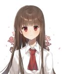  ascot bad_id bad_pixiv_id bangs blush brown_hair closed_mouth collared_shirt commentary eyebrows_visible_through_hair flower head_tilt ib ib_(ib) long_hair looking_at_viewer moffle_(ayabi) petals red_eyes red_neckwear rose shirt solo upper_body very_long_hair white_background white_shirt 