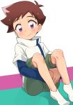  blush brown_eyes brown_hair chokutsuu_(menino) closed_mouth commentary_request hayasugi_hayato highres looking_at_viewer male_focus shinkansen_henkei_robo_shinkalion shorts sitting smile solo spiked_hair 