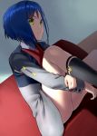  blue_hair bob_cut chikugen_shiina commentary couch dark_blue_hair darling_in_the_franxx dutch_angle green_eyes ichigo_(darling_in_the_franxx) leg_hug light_frown military military_uniform short_hair sitting skirt solo thighs uniform 