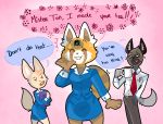  2018 aggressive_retsuko anthro canine clothed clothing digital_media_(artwork) female fennec fenneko fox foxwithmoustache fur haida hyena male mammal necktie red_panda retsuko sanrio simple_background speech_bubble 