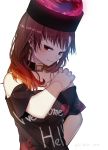  absurdres asuku_(69-1-31) collar commentary hand_on_own_shoulder hecatia_lapislazuli highres light_blush looking_at_viewer medium_hair off-shoulder_shirt orb polos_crown print_shirt red_eyes red_hair shirt smile solo t-shirt touhou 