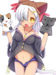  :3 :d animal_ears animal_hat ass_visible_through_thighs bare_shoulders black_jacket blue_shorts blush breasts brown_eyes brown_hat cat_ears cat_girl cat_hat cat_tail closed_mouth collarbone commentary_request eyes_visible_through_hair fang frilled_sleeves frills groin hair_over_one_eye hair_ribbon hand_puppet hands_up hat highres jacket long_hair long_sleeves looking_at_viewer makuran medium_breasts navel no_panties off_shoulder open_fly open_mouth original pink_ribbon puppet ribbon short_shorts shorts silver_hair simple_background smile solo tail thigh_gap white_background wide_sleeves 