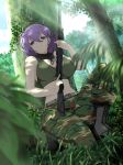  :&lt; ahoge bare_arms behind_tree boots breasts camouflage camouflage_pants cleavage combat_boots crop_top cross-laced_footwear day dog_tags forest gun hair_between_eyes hiding highres kuroudo_(senran_kagura) lace-up_boots large_breasts midriff nature navel official_art one_knee pants rifle senran_kagura senran_kagura_new_wave short_hair sniper_rifle solo textless trigger_discipline weapon yaegashi_nan 