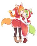  ;d animal_ears black_legwear blue_eyes boots braid capelet commentary done_(donezumi) dress ears_through_headwear fang fox_ears fox_tail frilled_dress frills full_body hair_ornament hairclip hood hooded_capelet hug juliet_sleeves light_green_hair long_hair long_sleeves looking_at_viewer multiple_girls one_eye_closed open_mouth orange_hair original puffy_sleeves red_capelet red_dress red_eyes red_hood short_hair smile tail tiptoes transparent_background 