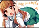  :d arms_up bangs bent_over black_neckwear blush breasts brown_eyes brown_hair commentary_request eyebrows_visible_through_hair girls_und_panzer green_skirt hands_on_headphones happy_birthday head_tilt headphones letterboxed long_hair looking_at_viewer makuran medium_breasts neckerchief ooarai_school_uniform open_mouth pleated_skirt sailor_collar school_uniform serafuku shirt skirt smile solo takebe_saori very_long_hair white_background white_sailor_collar white_shirt 