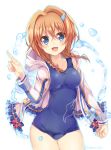  bow braid brown_hair copyright_request covered_navel hair_ornament jacket long_sleeves looking_at_viewer medium_hair one-piece_swimsuit open_clothes open_jacket open_mouth rento_(rukeai) school_swimsuit smile solo swimsuit swimsuit_under_clothes twitter_username water 