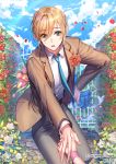  aqua_neckwear blonde_hair blue_sky bouquet cloud copyright_name corsage day flower formal gate green_eyes grey_pants hair_between_eyes hedge_(plant) holding holding_bouquet holding_hands interitio leaning_forward male_focus official_art open_mouth outdoors pants petals rose shirt short_hair sid_story sky solo standing suit sweatdrop watermark white_shirt wristband 