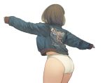  ass back bad_id bad_pixiv_id blue_jacket clothes_writing cowboy_shot english facing_away from_behind jacket long_sleeves no_pants original outstretched_arms panties short_hair simple_background skindentation solo spread_arms standing thomas_hewitt underwear white_background white_panties 