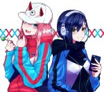  absurdres aqua_eyes baseball_cap blue_hair candy casual cellphone commentary_request darling_in_the_franxx eyebrows_visible_through_hair fang food green_eyes hair_between_eyes hair_ornament hairclip hat headphones highres holding holding_cellphone holding_food holding_phone hood hood_down hoodie horns ichigo_(darling_in_the_franxx) lollipop looking_at_viewer multiple_girls open_mouth phone pink_hair red_horns smartphone smile yoshi2_oide zero_two_(darling_in_the_franxx) 