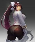  ass azur_lane bangs black_hair black_legwear blush bow breasts brown_eyes commentary_request cowboy_shot dated from_behind gloves gradient gradient_background hair_bow large_breasts long_hair long_sleeves looking_at_viewer looking_back military military_uniform panties panties_under_pantyhose pantyhose parted_lips ponytail shiny sidelocks signature simple_background skirt skirt_tug solo stephen takao_(azur_lane) thighband_pantyhose twisted_torso underwear undressing uniform very_long_hair white_bow white_panties 