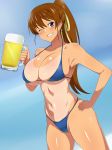  bare_shoulders beer_mug bikini blue_bikini blue_eyes blush breasts brown_hair cup grin hand_on_hip highres holding holding_cup kagemusha large_breasts long_hair looking_at_viewer navel one-piece_tan one_eye_closed original ponytail smile solo swimsuit tan tanline teeth 