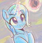  2017 abstract_background blue_hair bust_portrait cute equine eyebrows eyelashes female feral friendship_is_magic glowing_horn grin hair hi_res hooves horn jewelry levitation magic mammal mirroredsea my_little_pony necklace nude orb portrait purple_eyes smile solo teeth trixie_(mlp) unicorn 