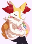  2018 anthro big_breasts braixen breasts canine clothing digital_media_(artwork) drake_lyra fan_character female flower happy juzztie legendary_pok&eacute;mon mammal minx_lyra nintendo plant pok&eacute;mon pok&eacute;mon_(species) pregnant simple_background smile video_games 