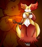  2017 absurd_res anthro big_breasts breasts canine delphox female fur hi_res inner_ear_fluff looking_at_viewer mammal nintendo nipples peacegirllisa pok&eacute;mon pok&eacute;mon_(species) red_eyes red_fur smile solo standing video_games yellow_fur 