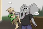  2018 anthro asphyxiation choking clothed clothing comic crying dialogue elephant english_text equine fight horse male mammal ragdoll_(study_partners) speech_bubble study_partners tears teeth text thunderouserections trunk tusks woody_(study_partners) young 