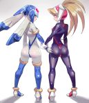  adapted_costume arched_back ass blonde_hair blue_eyes blush bodysuit boots ciel_(rockman) commentary_request covered_nipples from_behind full_body gloves gold_trim helmet high_heel_boots high_heels high_ponytail legs_apart leviathan_(rockman) long_hair looking_at_viewer looking_back multiple_girls ponytail rockman rockman_zero science_fiction shadow shiny shiny_clothes shoes skin_tight slingshot_swimsuit spandex standing swimsuit swimsuit_over_bodysuit thigh_boots thighhighs ukimukai white_bodysuit white_gloves wrist_grab 