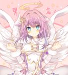  &gt;:) blue_eyes bow dress gradient_hair hair_ornament halo long_sleeves luka_(shironeko_project) multicolored_hair pink_hair purple_hair rento_(rukeai) ribbon shironeko_project smile star star_hair_ornament v-shaped_eyebrows wings 