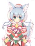  animal_ears aqua_eyes bell bow braid dress gloves hair_ornament hat highres koyomi_(shironeko_project) looking_at_viewer pink_gloves rento_(rukeai) santa_costume santa_hat shironeko_project silver_hair smile star star_hair_ornament tail wolf_ears wolf_tail 
