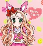 animal_ears blonde_hair bow bunny_ears burafu cake carrot_cake closed_mouth collared_dress commentary_request dress drill_hair easter_egg egg english fake_animal_ears food fork girls_und_panzer green_eyes hair_bow happy_easter holding holding_fork long_hair marie_(girls_und_panzer) pink_background pink_dress plate puffy_short_sleeves puffy_sleeves red_bow short_sleeves smile solo upper_body 