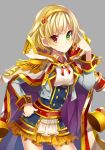  &gt;:) blonde_hair cape copyright_request epaulettes green_eyes hairband heterochromia long_sleeves looking_at_viewer red_eyes rento_(rukeai) short_hair skirt smile solo twitter_username v-shaped_eyebrows yellow_hairband 