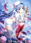  ass bell blue_eyes blue_hair fish flower hair_flower hair_ornament highres hiroki_(yyqw7151) jingle_bell kagura_suzu looking_back midriff nova_(tcg) official_art original short_shorts shorts water_drop white_shorts 