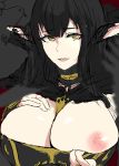  areolae bird black_dress black_hair breasts breasts_outside bridal_gauntlets cleavage commentary_request detached_collar detached_sleeves dress fate/apocrypha fate/grand_order fate_(series) fur_trim hand_on_own_chest large_breasts long_dress nipples nobu_kuro open_mouth pointy_ears semiramis_(fate) sketch upper_body yellow_eyes 