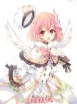  bow character_request dress frilled_dress frills gem gloves hand_on_own_chest hat hat_removed headwear_removed jewelry long_dress long_sleeves open_mouth pink_eyes pink_hair rento_(rukeai) ribbon shironeko_project short_hair smile solo winged_hair_ornament wings 