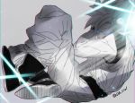  1boy blue_eyes boots dougi dragon_ball dragonball_z full_body glowing glowing_eyes grey_background greyscale image_sample light_rays looking_at_viewer male_focus monochrome serious short_hair simple_background son_gokuu spiked_hair twitter_sample twitter_username 