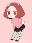  blush brown_eyes brown_hair chibi commentary_request do_m_kaeru floral_print okumura_haru pantyhose persona persona_5 pink_sweater plaid plaid_skirt ribbed_sweater school_uniform short_hair shuujin_academy_uniform skirt smile solo sweater twitter_username white_legwear 