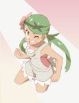  bare_arms bare_shoulders clenched_hands collarbone cropped_legs dark_skin eyebrows eyebrows_visible_through_hair flower green_eyes green_hair green_headband headband highres legs_apart long_hair mao_(pokemon) nomura_(buroriidesu) one_eye_closed open_mouth overalls pink_flower pink_shirt pokemon pokemon_(game) pokemon_sm pouch shirt solo strapless teeth tongue trial_captain twintails v-shaped_eyebrows 