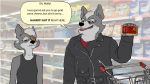  annoyed belt black_nose cael_o&#039;donnell canine cheese clothing eye_patch eyewear fan_character father food fredryk_phox fur grey_fur holding_food holding_object humor jacket male mammal nintendo open_mouth parent photo_background red_shirt shirt shopping_cart son speech_bubble star_fox star_fox_the_animated_series store tank_top text video_games wolf wolf_o&#039;donnell yellow_eyes young 