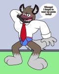  aggressive_retsuko baron-redbeaver_(artist) blush clothing dialogue haida hyena male mammal muscular sanrio underwear 