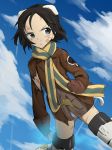  animal_ears bandaid bandaid_on_face black_eyes black_hair blood brave_witches brown_gloves brown_jacket brown_shirt clenched_hands closed_mouth cloud cloudy_sky crotch_seam damaged day emblem energy fankupl flying frown gloves half-closed_eye highres injury jacket kanno_naoe looking_at_viewer military military_uniform multicolored multicolored_clothes multicolored_scarf no_pants panties scarf scratches shirt short_hair sky solo striker_unit striped striped_scarf sweat tail torn_clothes torn_jacket underwear uniform v-shaped_eyebrows white_panties wind world_witches_series 