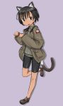  :d animal_ears bangs bike_shorts black_eyes black_hair brown_jacket cat_ears cat_tail cross-laced_footwear dark_skin emblem eyebrows_visible_through_hair fankupl full_body grey_sweater highres jacket kullamas_blengkam leg_up looking_at_viewer military military_uniform open_clothes open_jacket open_mouth paw_pose purple_background ribbed_sweater shadow short_hair simple_background smile solo standing standing_on_one_leg sweater tail turtleneck turtleneck_sweater uniform world_witches_series 