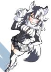  animal_ears between_breasts black_hair blue_eyes breasts cleavage closed_mouth commentary_request dutch_angle eyebrows_visible_through_hair full_body fur_collar fur_trim gloves grey_footwear grey_jacket grey_legwear grey_neckwear grey_skirt grey_wolf_(kemono_friends) hand_on_hip heterochromia highres holding jacket kemono_friends loafers long_hair long_sleeves looking_at_viewer messy_hair miniskirt multicolored_hair necktie pencil plaid plaid_neckwear plaid_skirt pleated_skirt saku_(saku1151) shadow shoes skirt smile solo standing tail thighhighs two-tone_hair white_background white_hair wolf_ears wolf_girl wolf_tail yellow_eyes 