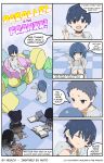  3girls 4koma animal animal_hug arms_on_knees ball bangs black_hair blue_eyes blue_hair book bunny child closed_eyes collar colorized comic commentary darling_in_the_franxx english english_commentary grey_footwear grey_shirt grey_shorts heiach highres hiro_(darling_in_the_franxx) holding holding_ball ichigo_(darling_in_the_franxx) looking_at_another mitsuru_(darling_in_the_franxx) multiple_boys multiple_girls no_socks open_book parody pointing pointing_up purple_eyes shirt shoes short_hair shorts silver_hair sitting speech_bubble stuffed_animal stuffed_toy style_parody teddy_bear twintails younger zero_two_(darling_in_the_franxx) 