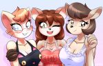  2018 alfa995 anthro apron black_nose blue_eyes breasts brown_eyes brown_hair cat cervine cleavage clothed clothing digital_media_(artwork) doe_(alfa995) eyelashes eyewear feline female glasses group hair jill_(alfa995) kangaroo long_hair looking_at_viewer mammal marsupial one_eye_closed open_mouth open_smile queen_(alfa995) short_hair smile whiskers wink 