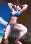  2018 anthro bikini blue_clothing blue_eyes breasts bulge clothed clothing detailed_background dickgirl digital_media_(artwork) hair intersex lagomorph mammal midriff navel open_mouth purple_hair rabbit skimpy sky solo swimsuit twinkle-sez 