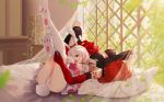  2girls animal_ears bed breasts bunny_ears cleavage dress elbow_gloves gloves leaves long_hair maid pink_eyes red_hair tagme_(artist) tagme_(character) tail tattoo torn_clothes white_hair 