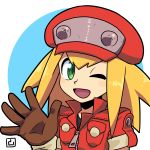  blonde_hair breast_pocket brown_gloves capcom gloves green_eyes hat long_hair looking_at_viewer muu_(mumumer) one_eye_closed open_mouth pocket red_hat rockman rockman_dash roll_caskett short_sleeves simple_background smile solo upper_body waving zipper zipper_pull_tab 