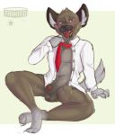  aggressive_retsuko animal_genitalia anthro balls bottomless clothed clothing haida hyena male mammal open_shirt penis penis_tip sanrio sheath solo taintedstar 